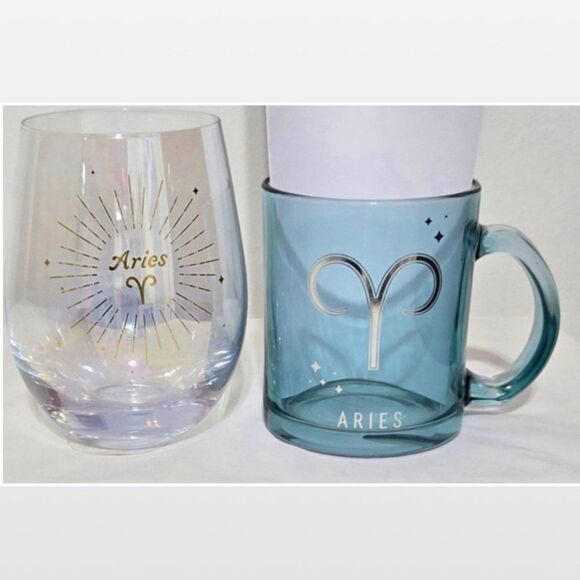 New Modern Expressions Coffee Mug & Wine Glass Aries Zodiac Astrology Set - Picture 1 of 11